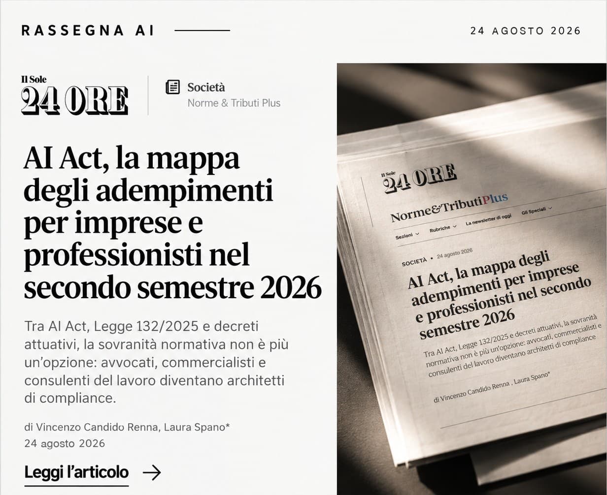 Card della rassegna: «AI Act, la mappa degli adempimenti per imprese e professionisti nel secondo semestre 2026», Il Sole 24 Ore NT+ Diritto, di Vincenzo Candido Renna e Laura Spano, 24 agosto 2026