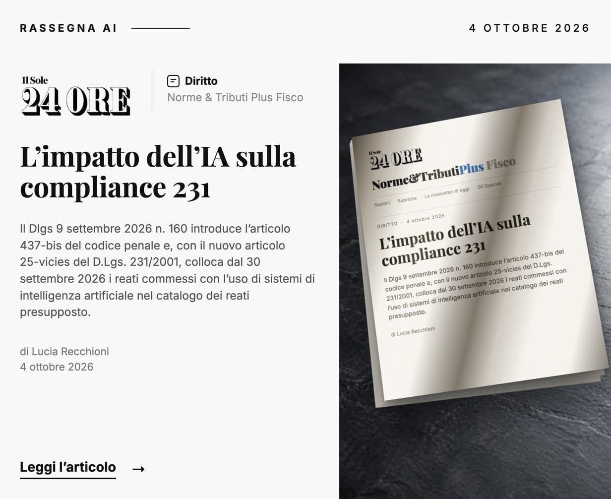Card della rassegna: «L'impatto dell'IA sulla compliance 231», Il Sole 24 Ore NT+ Fisco, di Lucia Recchioni, 4 ottobre 2026